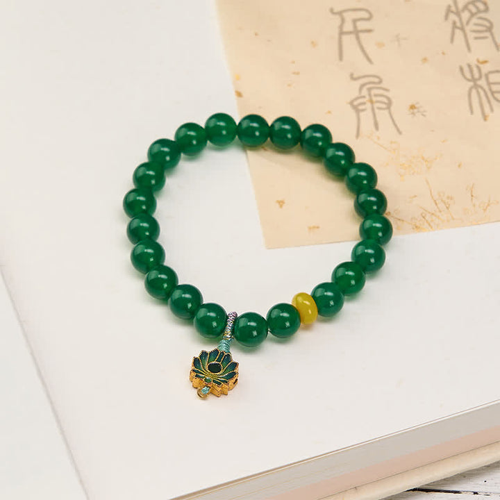 Buddha Stones Bracelet de perles en agate verte naturelle et agate jaune, breloque lotus, symbole de succès - Agate verte (tour de poignet 15-16 cm) - image 0