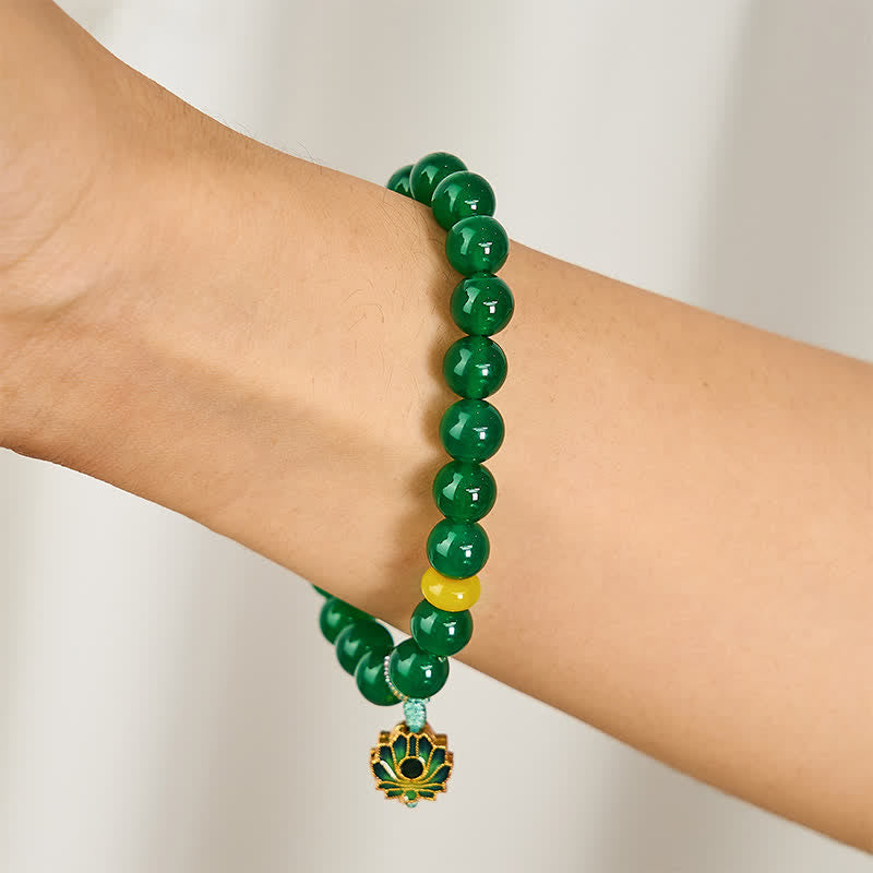Buddha Stones Bracelet de perles en agate verte naturelle et agate jaune, breloque lotus, symbole de succès - image 3