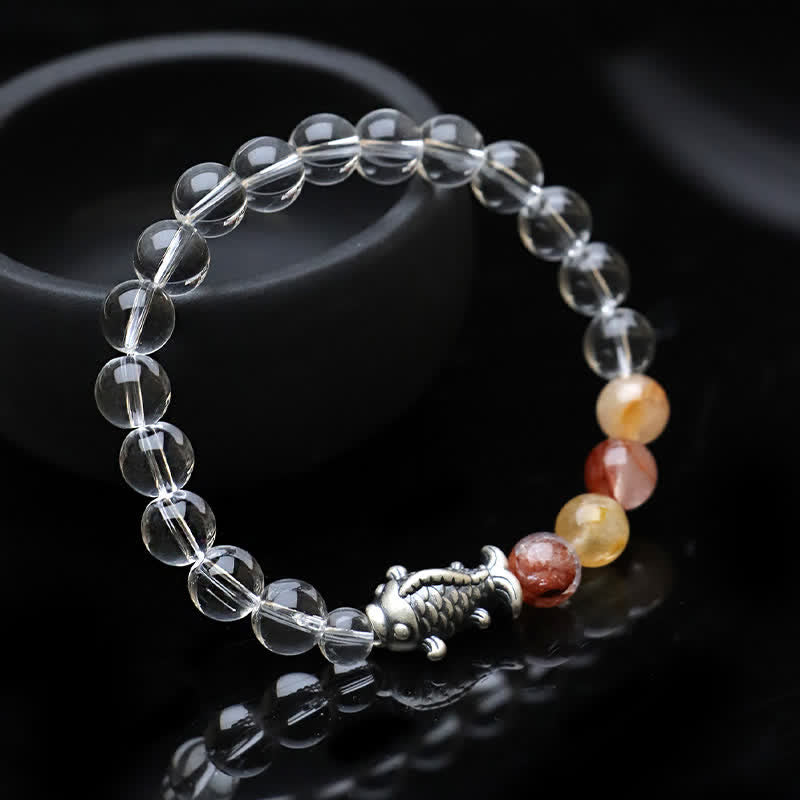 Buddha Stones Bracelet de protection en quartz clair et argent sterling 999 en forme de carpe koï - image 1