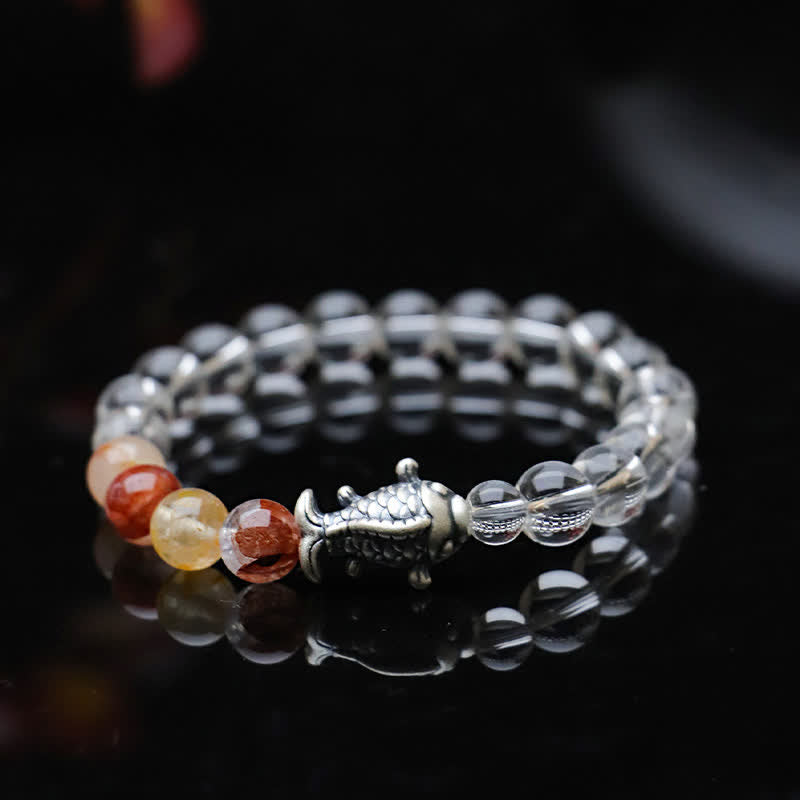 Buddha Stones Bracelet de protection en quartz clair et argent sterling 999 en forme de carpe koï - image 3