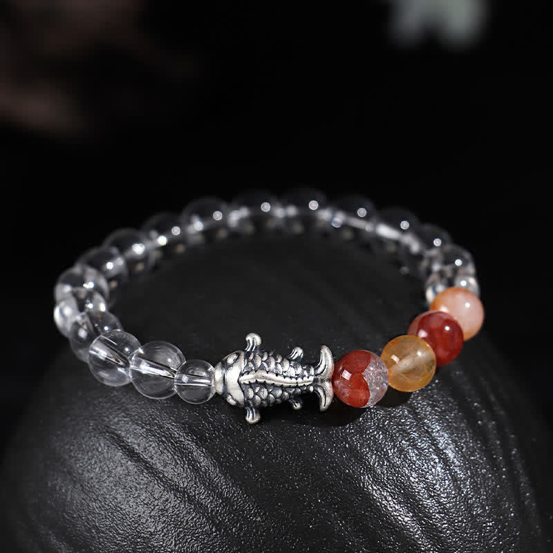 Buddha Stones Bracelet de protection en quartz clair et argent sterling 999 en forme de carpe koï - Quartz clair (Tour de poignet : 15–16 cm) - image 0