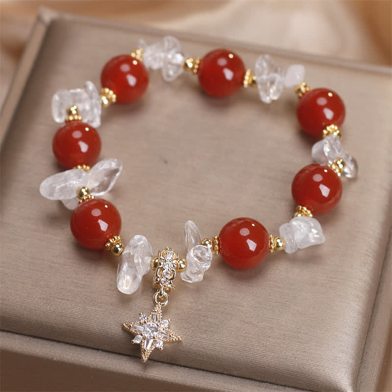 Buddha Stones Bracelet de confiance avec breloque hexagramme en agate rouge naturelle et quartz clair - image 2