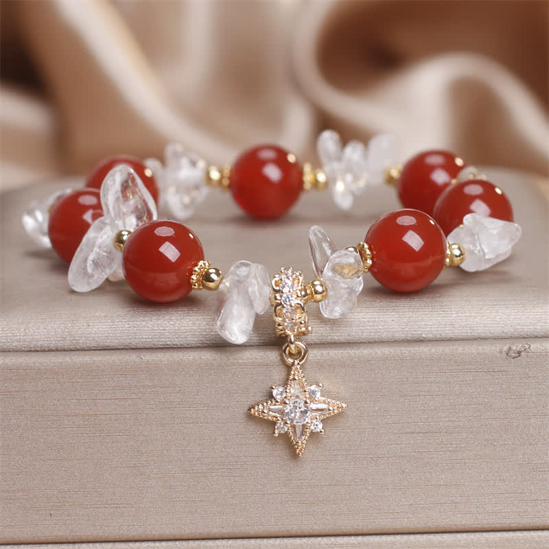 Buddha Stones Bracelet de confiance avec breloque hexagramme en agate rouge naturelle et quartz clair - Agate rouge (tour de poignet 15-16 cm) - image 0
