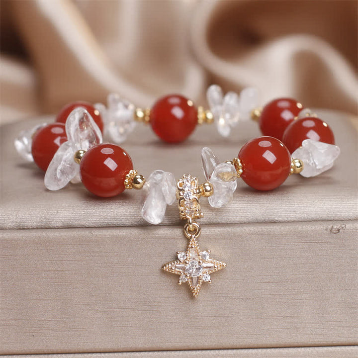 Buddha Stones Bracelet de confiance avec breloque hexagramme en agate rouge naturelle et quartz clair - Agate rouge (tour de poignet 15-16 cm) - image 0