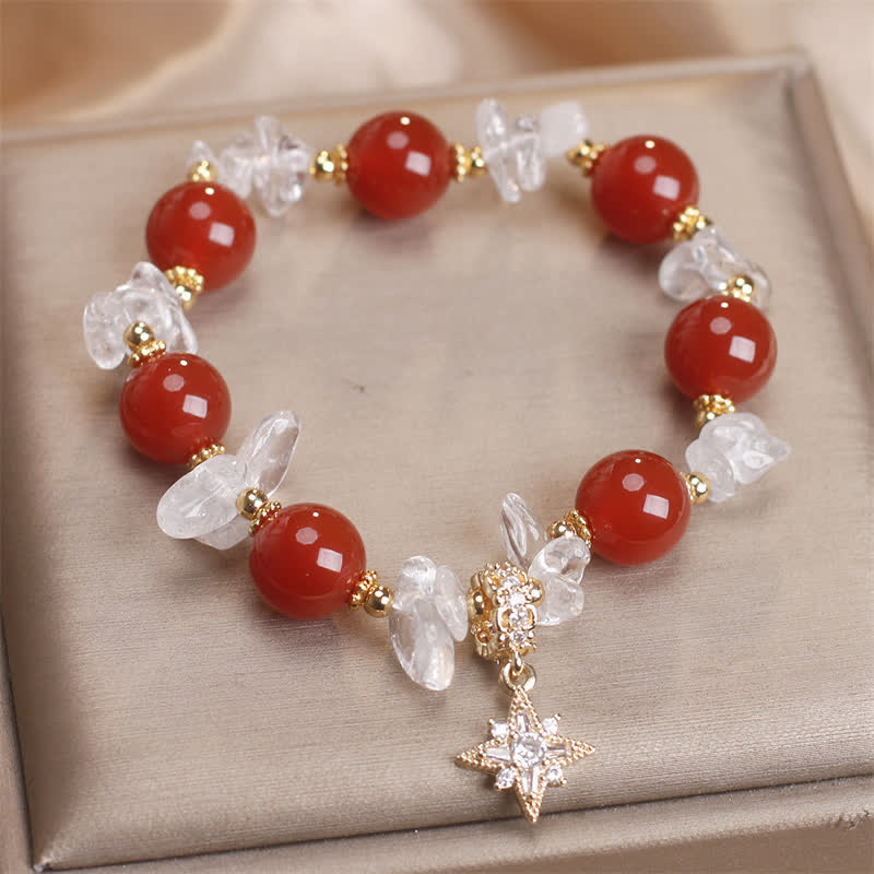 Buddha Stones Bracelet de confiance avec breloque hexagramme en agate rouge naturelle et quartz clair - image 1