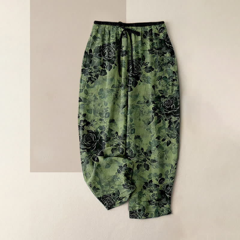 Buddha Stones Pantalon femme en pur coton à motif rose, taille élastique avec cordon de serrage et poches - Vert mer moyen - US16，UK/AU20，EU48 (3XL) - image 0