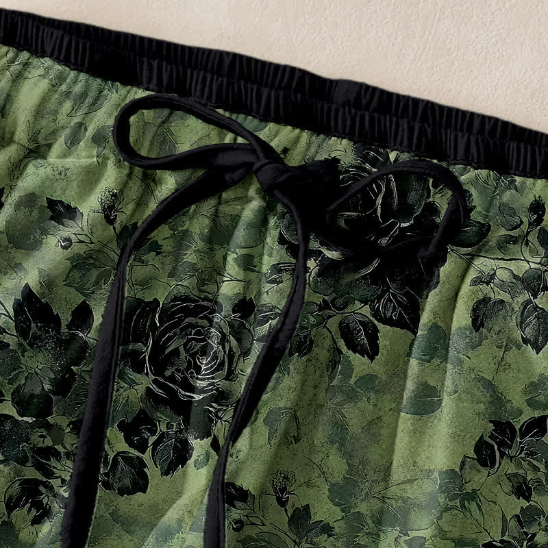 Buddha Stones Pantalon femme en pur coton à motif rose, taille élastique avec cordon de serrage et poches - image 1