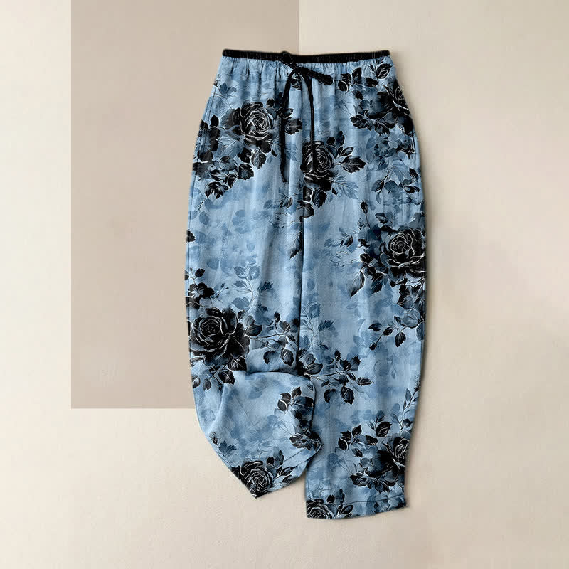 Buddha Stones Pantalon femme en pur coton à motif rose, taille élastique avec cordon de serrage et poches - Bleu ciel clair - US16，UK/AU20，EU48 (3XL) - image 4