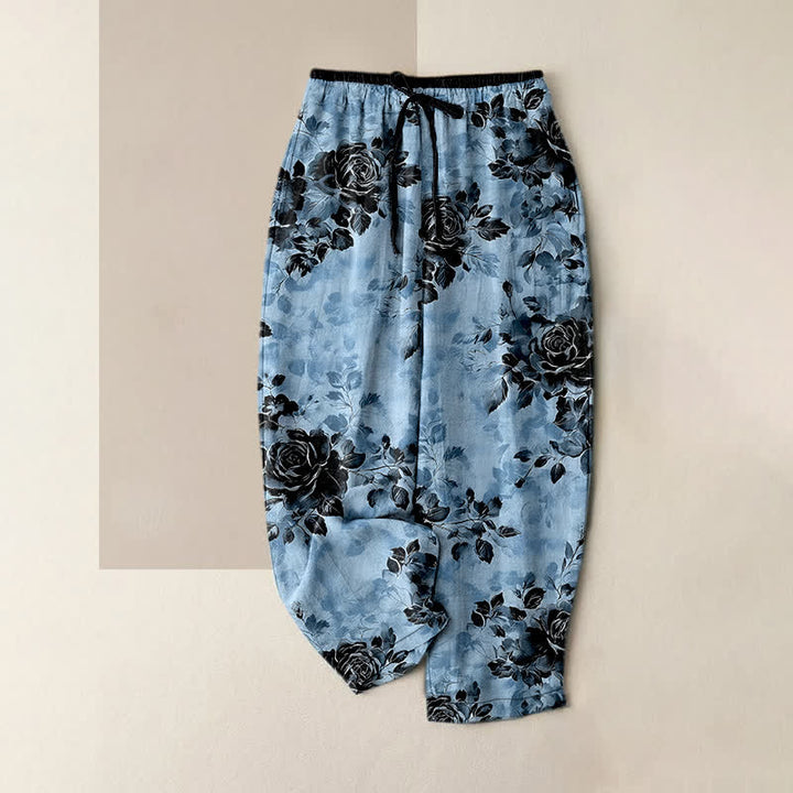 Buddha Stones Pantalon femme en pur coton à motif rose, taille élastique avec cordon de serrage et poches - Bleu ciel clair - US16，UK/AU20，EU48 (3XL) - image 4
