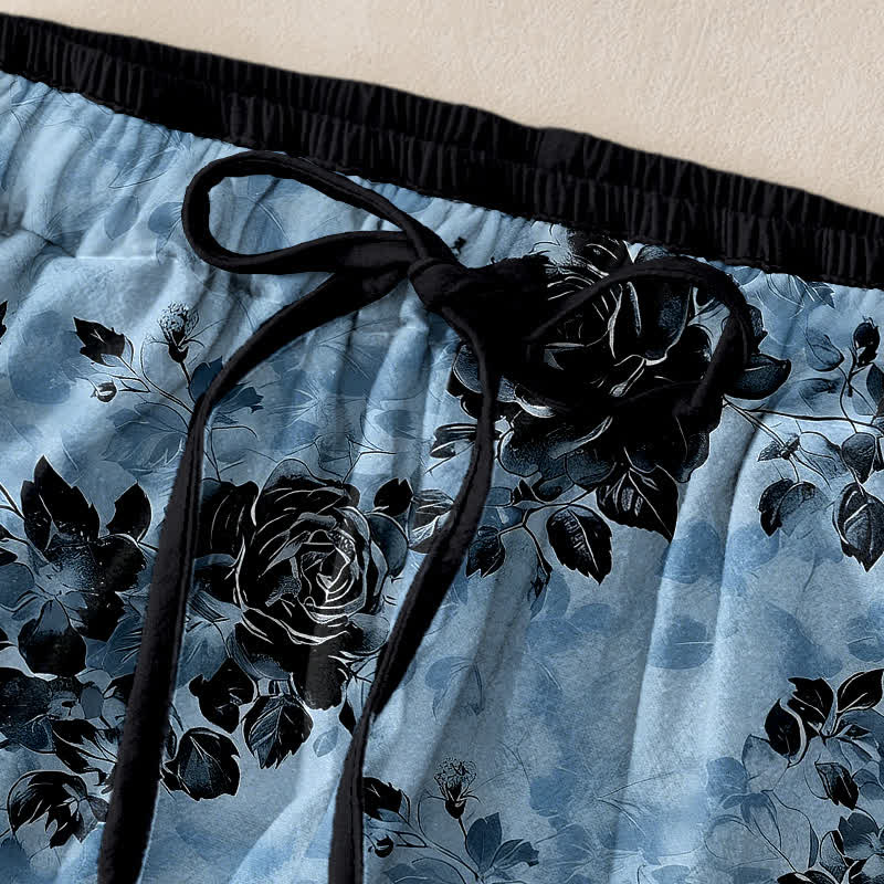 Buddha Stones Pantalon femme en pur coton à motif rose, taille élastique avec cordon de serrage et poches - image 5