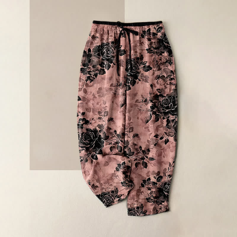Buddha Stones Pantalon femme en pur coton à motif rose, taille élastique avec cordon de serrage et poches - LightCoral - US16，UK/AU20，EU48 (3XL) - image 8