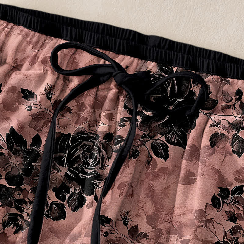 Buddha Stones Pantalon femme en pur coton à motif rose, taille élastique avec cordon de serrage et poches - image 9