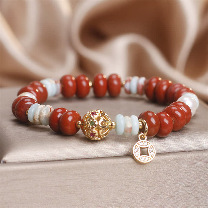 Buddha Stones Bracelet de protection pour pièces de monnaie en cuivre avec perles de boulier en jaspe rouge Shoushan et pierres Abacus - image 4