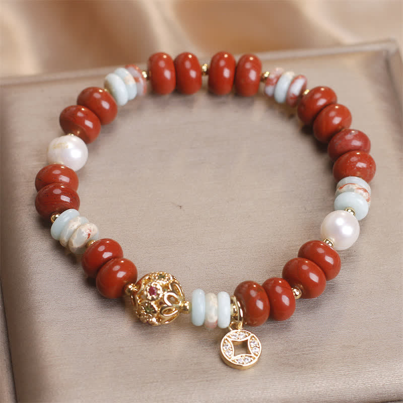 Buddha Stones Bracelet de protection pour pièces de monnaie en cuivre avec perles de boulier en jaspe rouge Shoushan et pierres Abacus - image 1