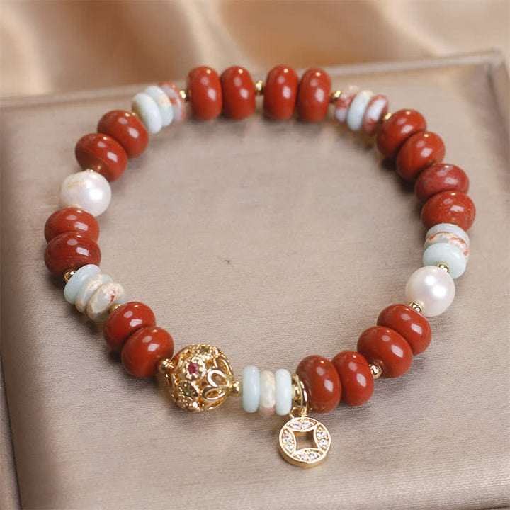 Buddha Stones Bracelet de protection pour pièces de monnaie en cuivre avec perles de boulier en jaspe rouge Shoushan et pierres Abacus - image 1