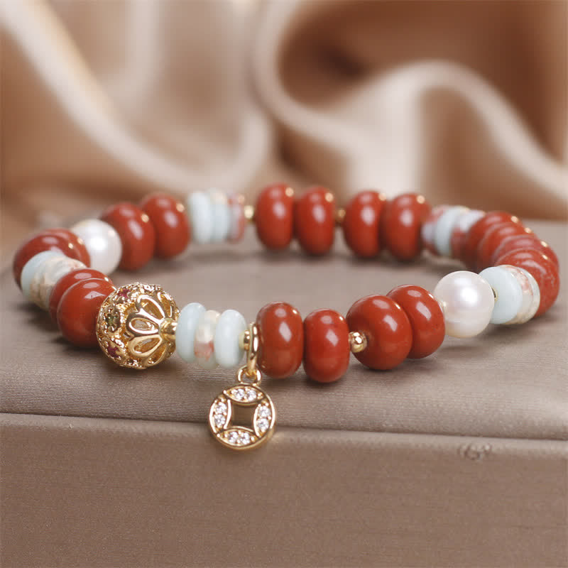 Buddha Stones Bracelet de protection pour pièces de monnaie en cuivre avec perles de boulier en jaspe rouge Shoushan et pierres Abacus - image 5