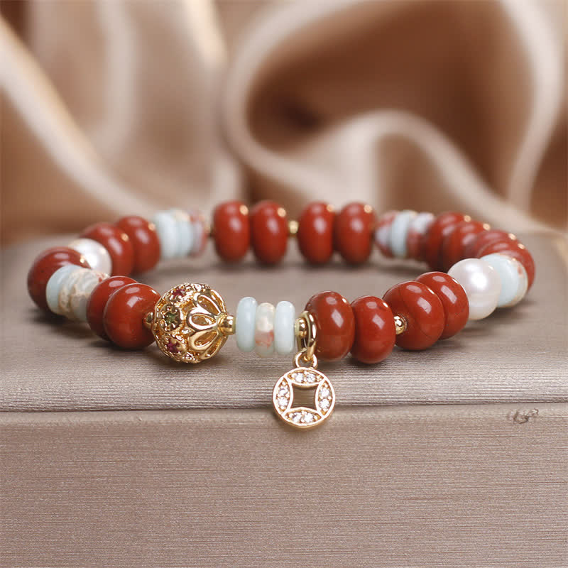 Buddha Stones Bracelet de protection pour pièces de monnaie en cuivre avec perles de boulier en jaspe rouge Shoushan et pierres Abacus - Jaspe rouge (Tour de poignet : 15-16 cm) - image 0