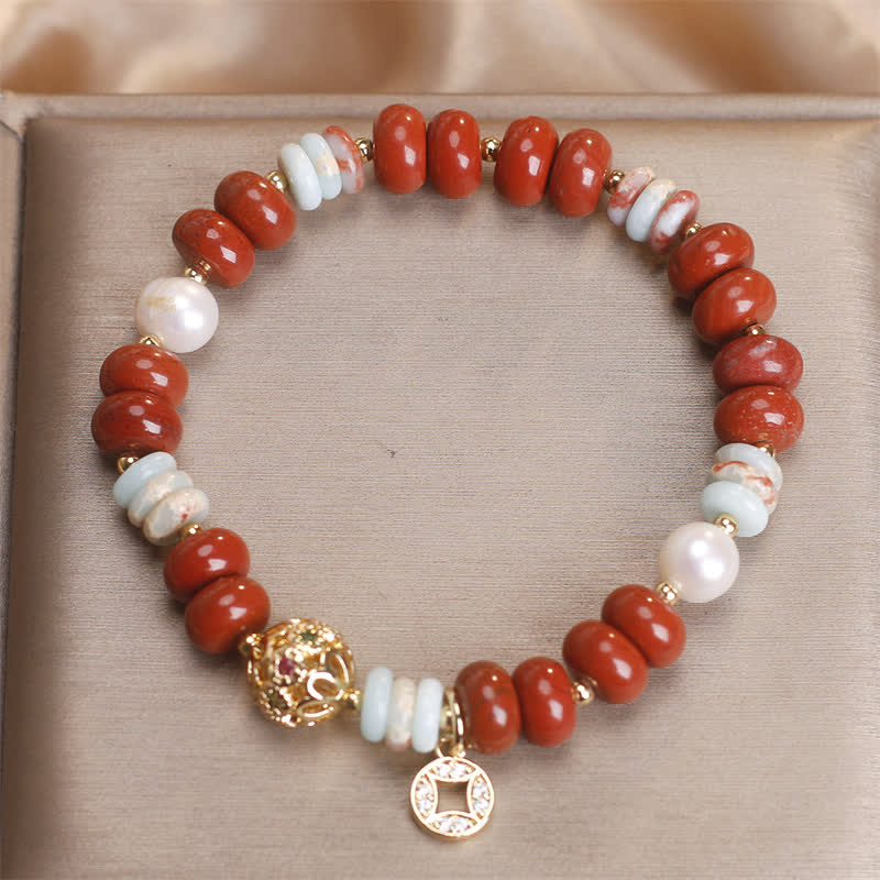 Buddha Stones Bracelet de protection pour pièces de monnaie en cuivre avec perles de boulier en jaspe rouge Shoushan et pierres Abacus - image 3