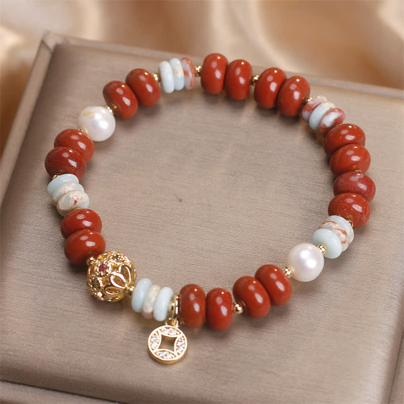 Buddha Stones Bracelet de protection pour pièces de monnaie en cuivre avec perles de boulier en jaspe rouge Shoushan et pierres Abacus - image 2
