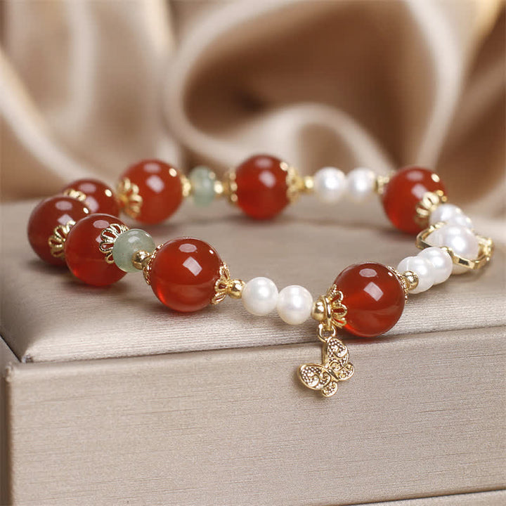 Buddha Stones Bracelet papillon en agate rouge naturelle et perle, symbole d'acceptation de soi - image 4