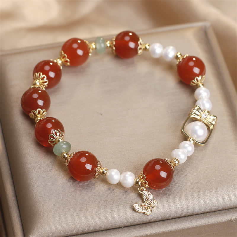 Buddha Stones Bracelet papillon en agate rouge naturelle et perle, symbole d'acceptation de soi - image 1