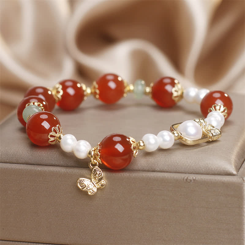 Buddha Stones Bracelet papillon en agate rouge naturelle et perle, symbole d'acceptation de soi - image 6