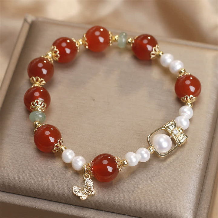 Buddha Stones Bracelet papillon en agate rouge naturelle et perle, symbole d'acceptation de soi - image 2
