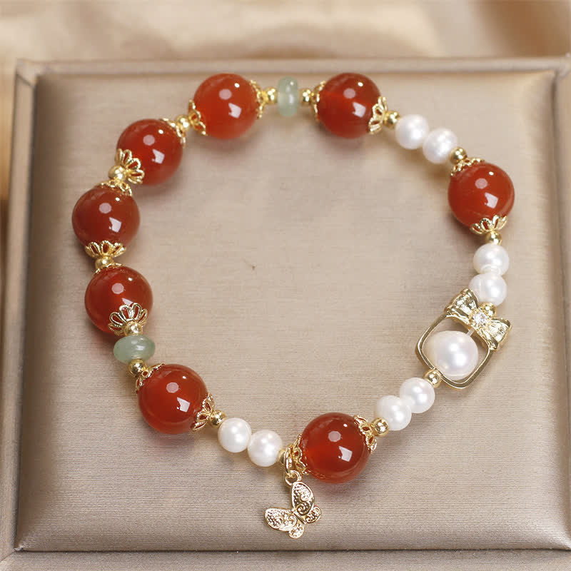 Buddha Stones Bracelet papillon en agate rouge naturelle et perle, symbole d'acceptation de soi - image 3
