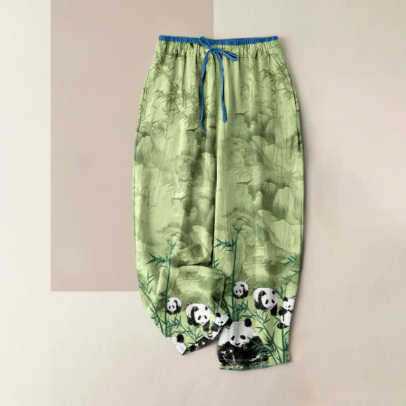 Buddha Stones Pantalon femme en coton imprimé pandas et bambou, taille élastique et poches - Vert pâle - US16，UK/AU20，EU48 (3XL) - image 0