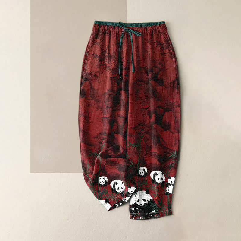 Buddha Stones Pantalon femme en coton imprimé pandas et bambou, taille élastique et poches - Bordeaux - US16，UK/AU20，EU48 (3XL) - image 3