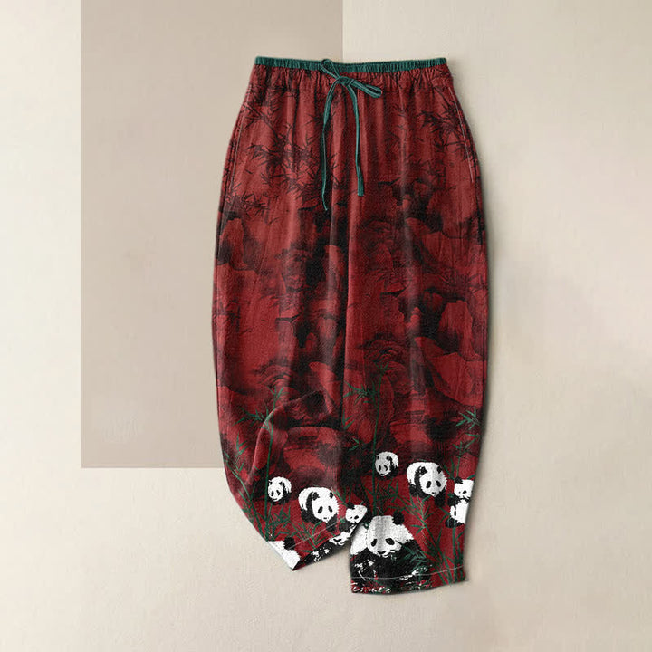 Buddha Stones Pantalon femme en coton imprimé pandas et bambou, taille élastique et poches - Bordeaux - US16，UK/AU20，EU48 (3XL) - image 3