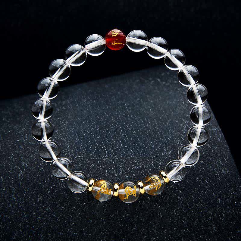 Buddha Stones Bracelet de guérison en quartz clair du zodiaque chinois - Cheval tigre Chien - Perles de 8 mm (Tour de poignet : 15–16 cm) - image 1