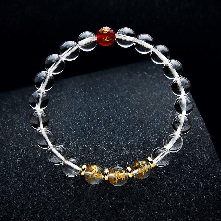Buddha Stones Bracelet de guérison en quartz clair du zodiaque chinois - Cheval tigre Chien - Perles de 8 mm (Tour de poignet : 15–16 cm) - image 1