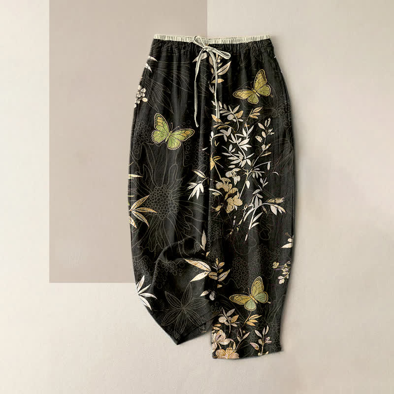 Buddha Stones Pantalon femme en pur coton, motif papillons, feuilles et fleurs, cordon de serrage, coloré, avec poches - Noir - US16，UK/AU20，EU48 (3XL) - image 0