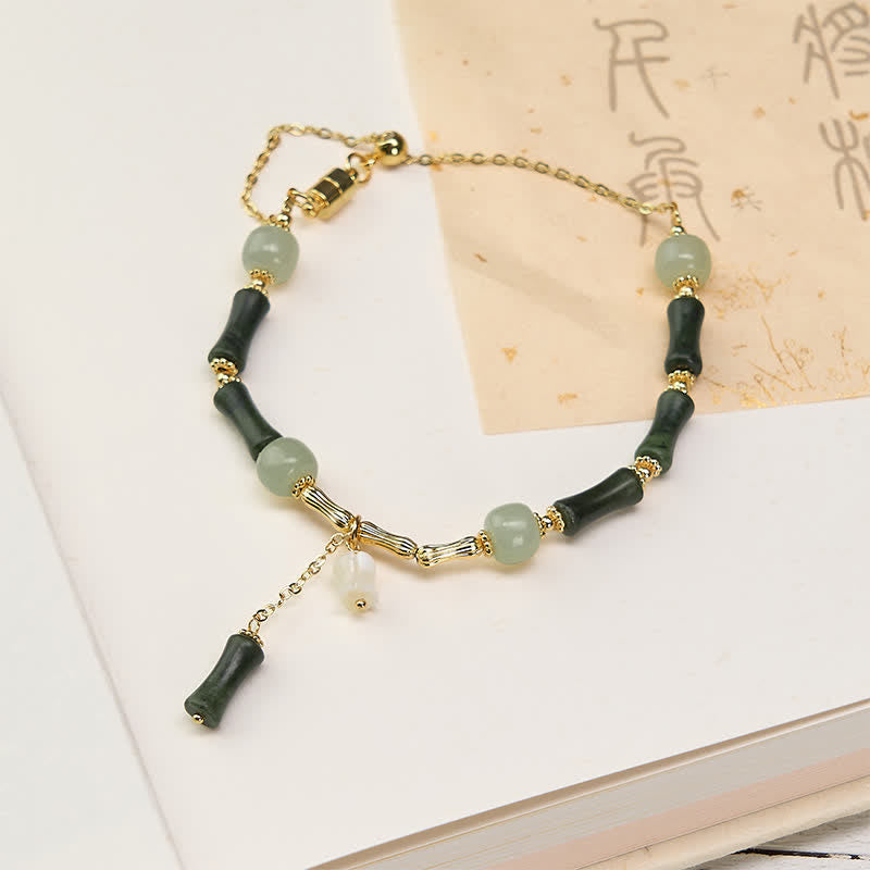 Buddha Stones Bracelet ajustable en jade Hetian, péridot, bambou et muguet, symbole de richesse et de fidélité - Péridot (Tour de poignet 15-18 cm) - image 0