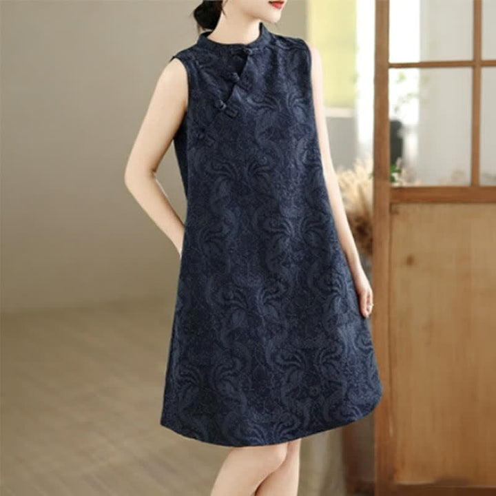 Buddha Stones Robe mini sans manches en coton à col mandarin et boutons brandebourg, motif jacquard, avec poches - image 13