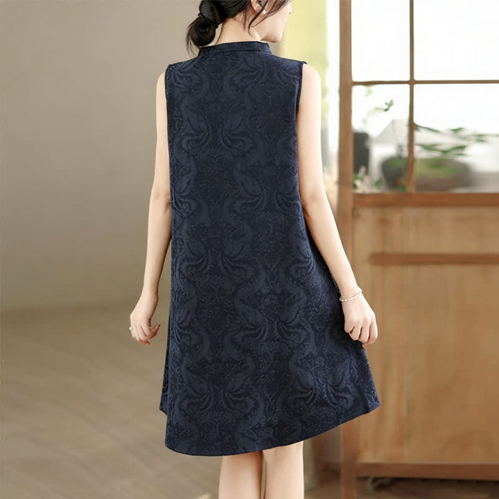 Buddha Stones Robe mini sans manches en coton à col mandarin et boutons brandebourg, motif jacquard, avec poches - image 17