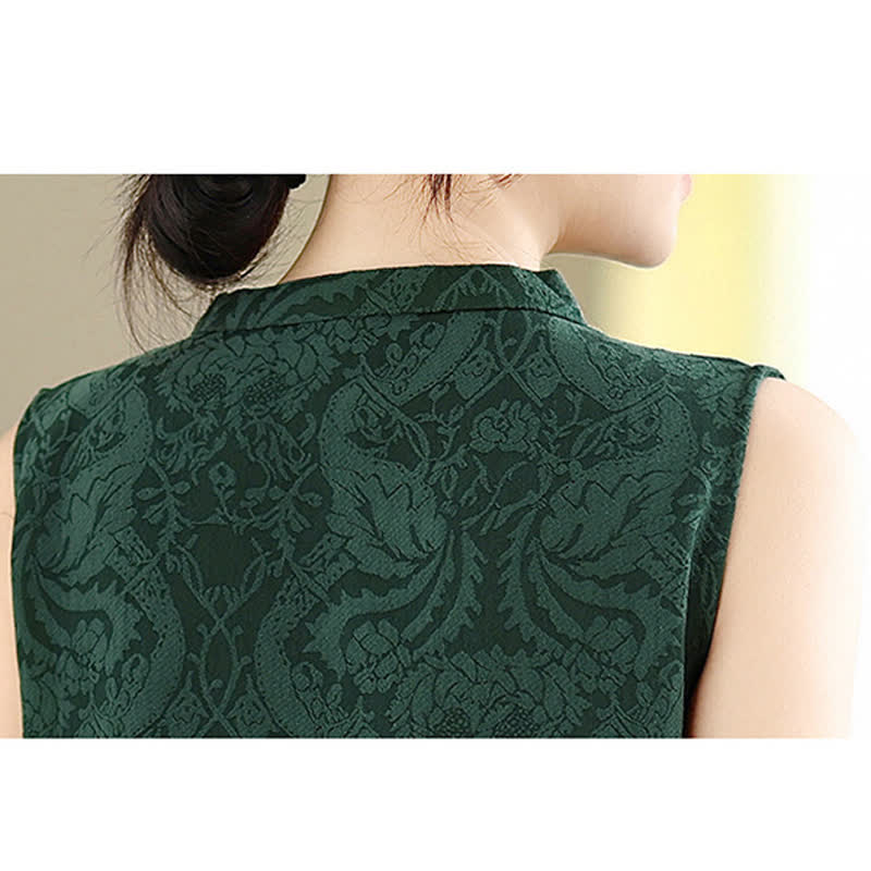Buddha Stones Robe mini sans manches en coton à col mandarin et boutons brandebourg, motif jacquard, avec poches - image 10