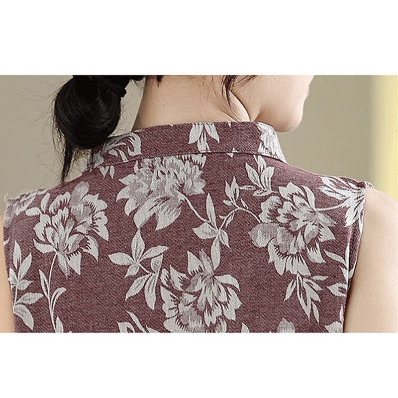 Buddha Stones Robe mini sans manches en coton à col mandarin et motif floral, avec poches et boutons brandebourg - image 13