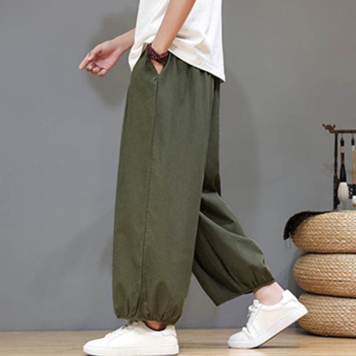 Buddha Stones Pantalon harem court pour homme, style zen, avec taille élastique et poches - Vert olive foncé - US/UK/AU46，EU56 (5XL) - image 9