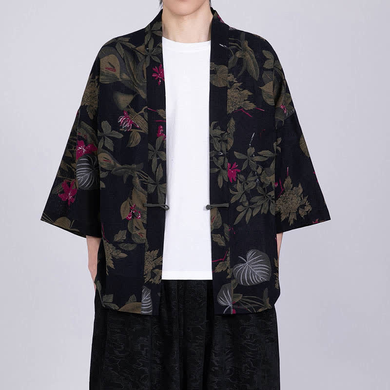 Buddha Stones Kimono homme à manches courtes en lin mélangé imprimé de feuilles tropicales d'été - Noir - US/UK/AU46，EU56 (5XL) - image 11