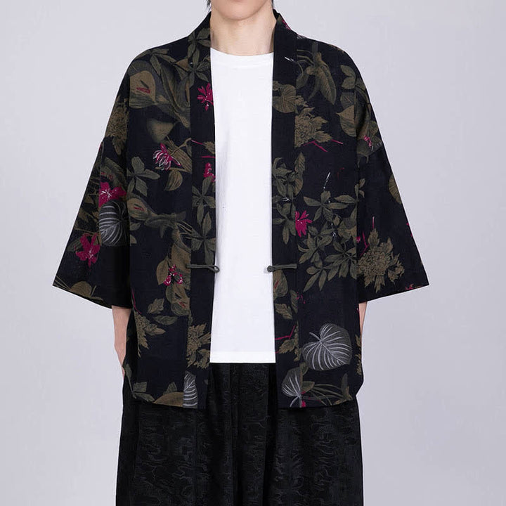 Buddha Stones Kimono homme à manches courtes en lin mélangé imprimé de feuilles tropicales d'été - Noir - US/UK/AU46，EU56 (5XL) - image 11