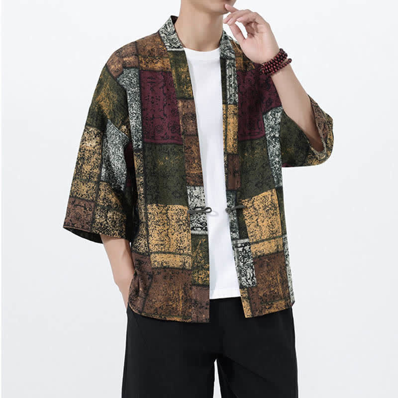 Buddha Stones Kimono homme à manches courtes en lin mélangé imprimé de feuilles tropicales d'été - image 19