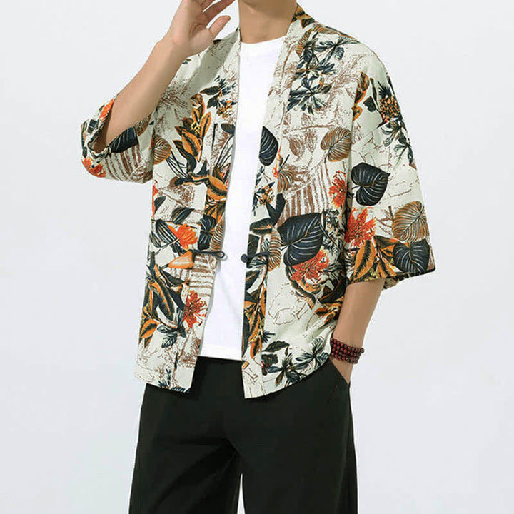 Buddha Stones Kimono homme à manches courtes en lin mélangé imprimé de feuilles tropicales d'été - image 2