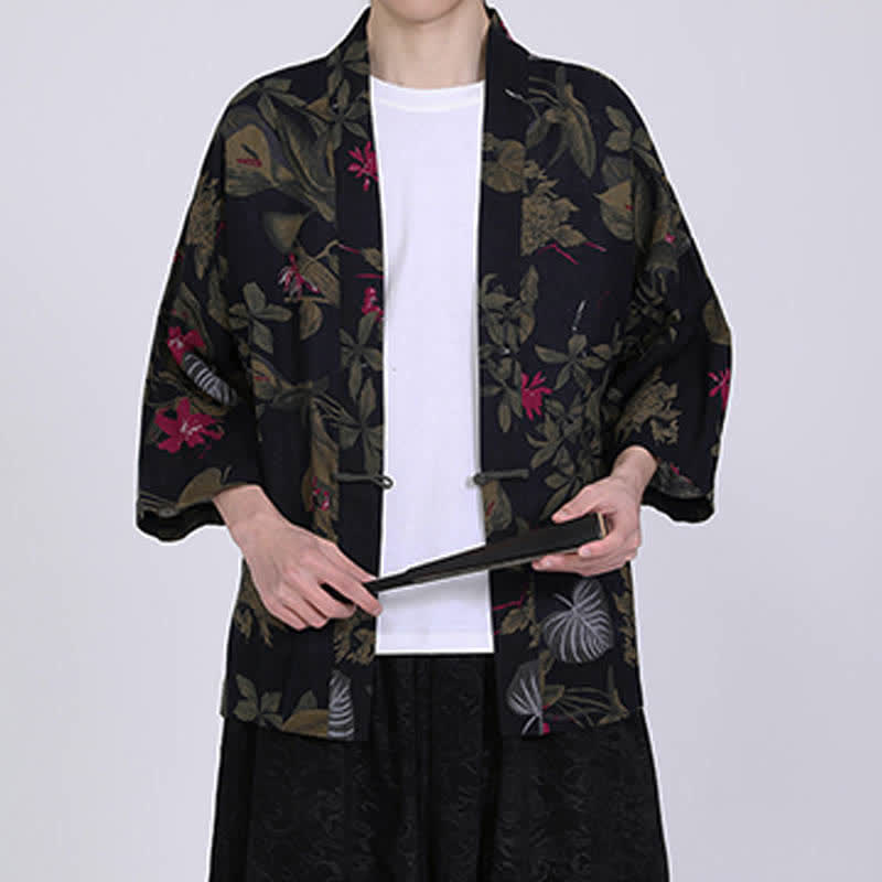 Buddha Stones Kimono homme à manches courtes en lin mélangé imprimé de feuilles tropicales d'été - image 13