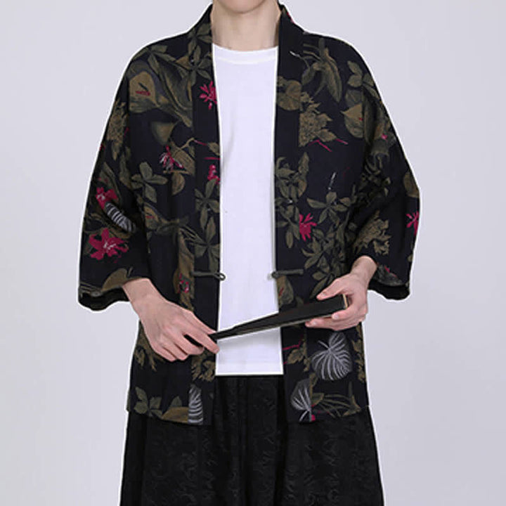 Buddha Stones Kimono homme à manches courtes en lin mélangé imprimé de feuilles tropicales d'été - image 13