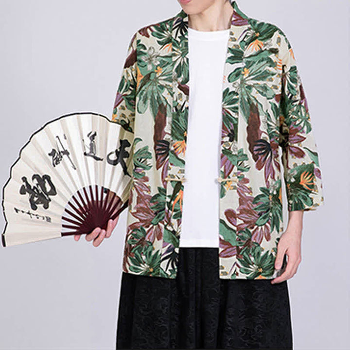 Buddha Stones Kimono homme à manches courtes en lin mélangé imprimé de feuilles tropicales d'été - image 6