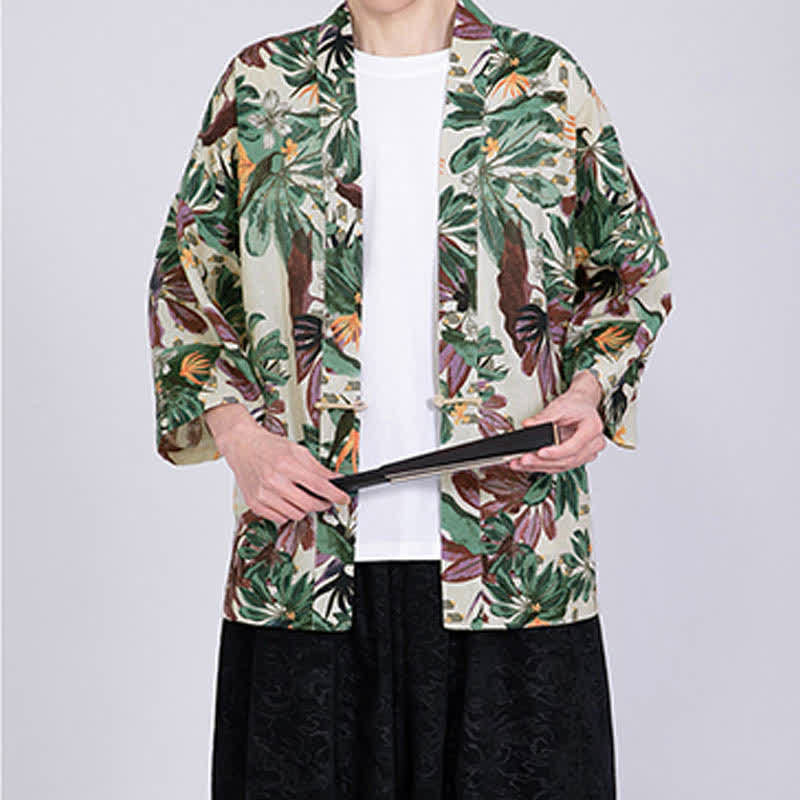 Buddha Stones Kimono homme à manches courtes en lin mélangé imprimé de feuilles tropicales d'été - image 5