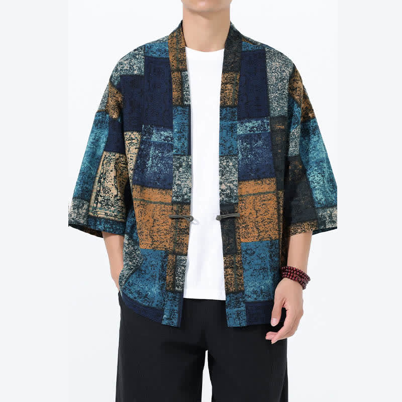 Buddha Stones Kimono homme à manches courtes en lin mélangé imprimé de feuilles tropicales d'été - CadetBlue - US/UK/AU46，EU56 (5XL) - image 7