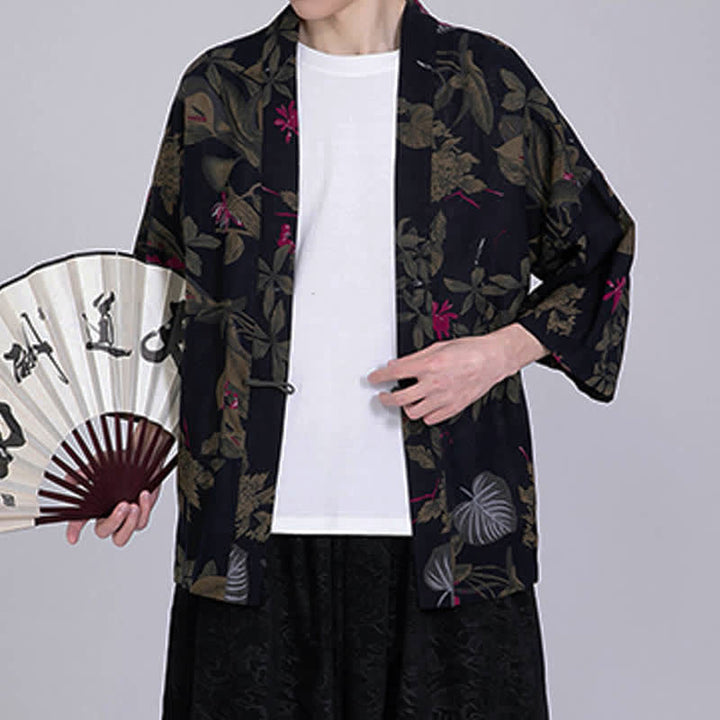 Buddha Stones Kimono homme à manches courtes en lin mélangé imprimé de feuilles tropicales d'été - image 12